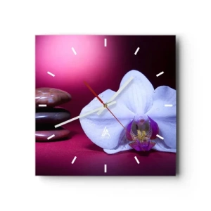 Horloge murale - Pendule murale - Orchidée blanche et pierres sur fond rose - 30x30cm - Une étude de fraîcheur en violet - Décoration murale moderne pour le salon et la chambre ARTTOR