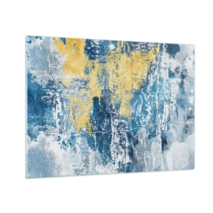 Impression sur verre - Image sur verre - Abstraction bleue et jaune avec un effet vieilli et texturé - 70x50cm - Abstraction du temps - Décoration murale moderne pour le salon et la chambre ARTTOR