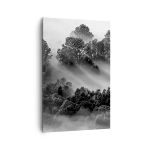 Impression sur toile - Image sur toile - Paysage forestier noir et blanc dans le brouillard du matin - 80x120cm - Sortir de son sommeil - Décoration murale moderne pour le salon et la chambre ARTTOR