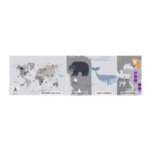 Échantillon de Papier Peint Autocollant Deluxe Sticker - Dis-moi d'où tu viens... - Carte du monde, Animaux, Continents - 100x30 cm
