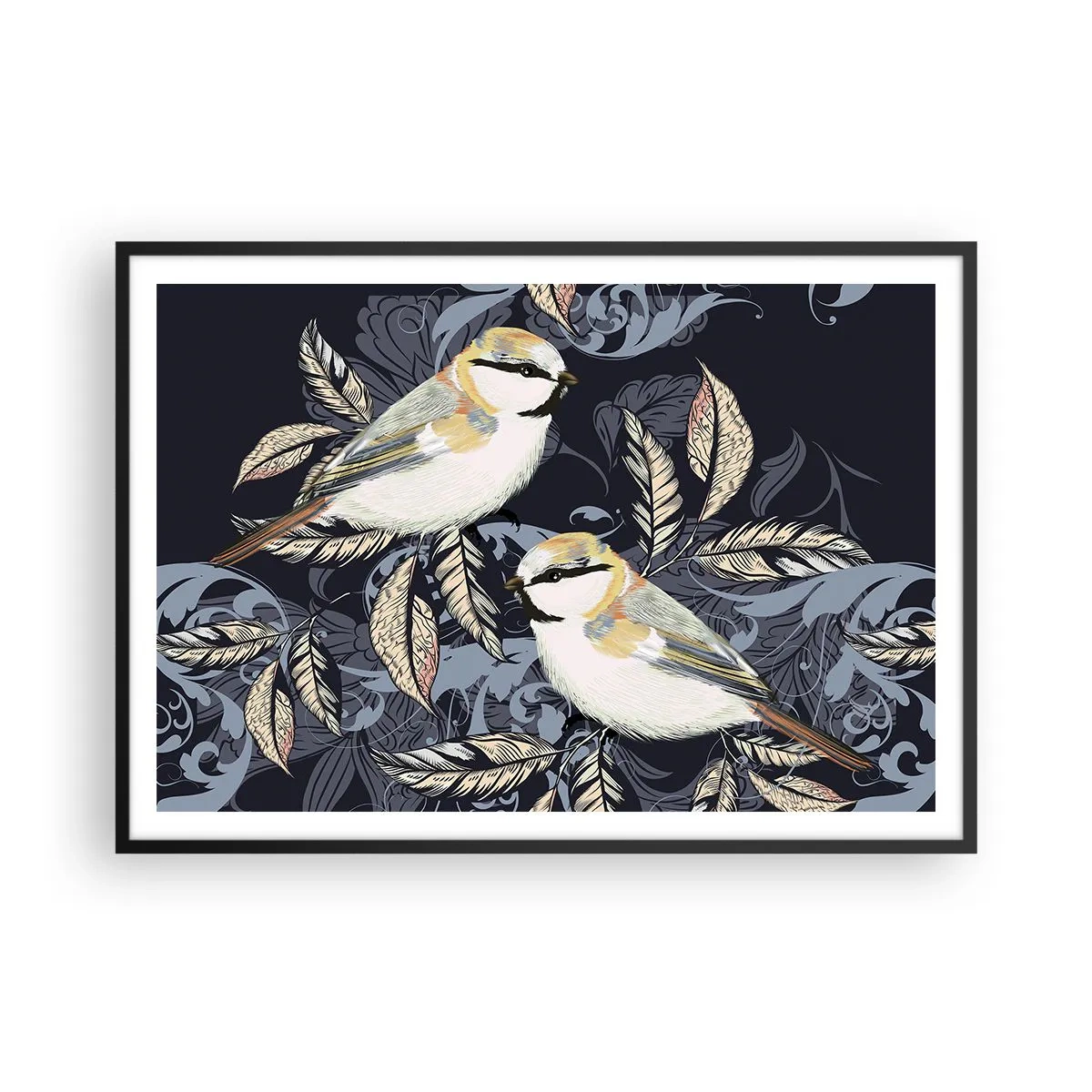 Affiche dans un cadre noir - Poster - Oiseaux sur des branches dans un arrière-plan ornemental - 100x70cm - Babillement jaune et bleu - Décoration murale moderne pour le salon et la chambre ARTTOR