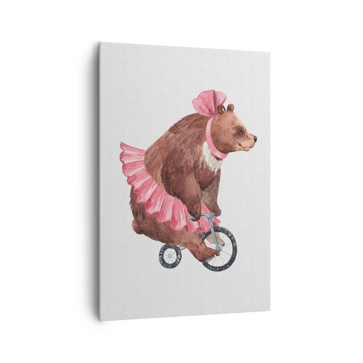 Impression sur toile - Image sur toile - Un ours en peluche dans une jupe rose sur un vélo de style rétro - 70x100cm - Quel cirque ! - Décoration murale moderne pour le salon et la chambre ARTTOR