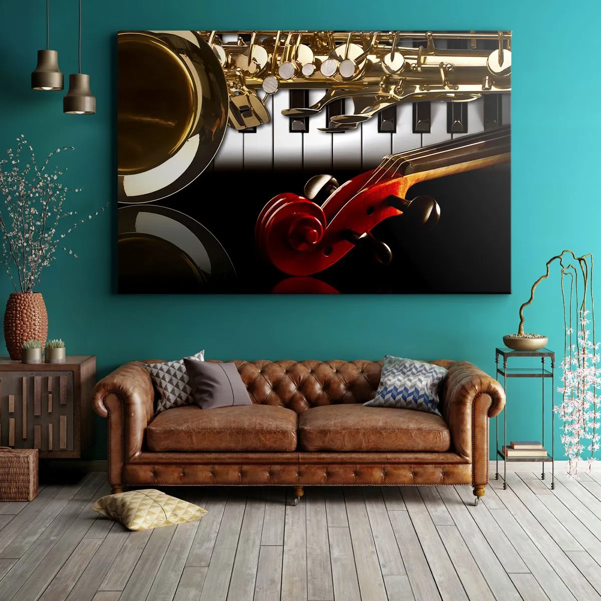 Impression sur toile - Image sur toile - Un saxophone doré, des touches de piano et un violon rouge - 70x50cm - Tôle, bois et ivoire - Décoration murale moderne pour le salon et la chambre ARTTOR