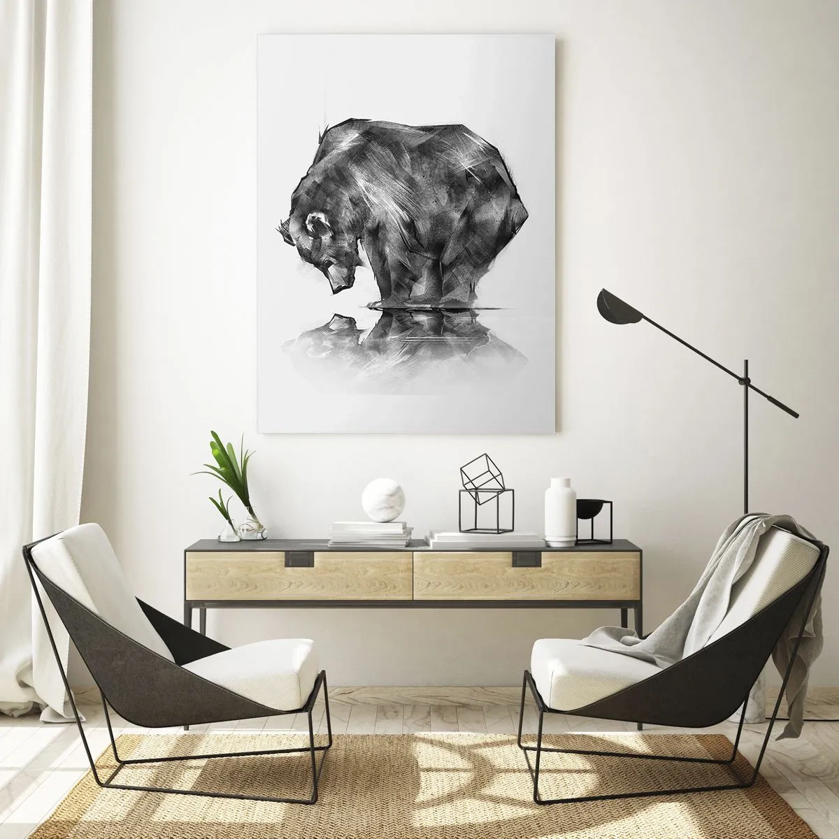 Impression sur verre - Image sur verre - Graphique d'un ours penché sur la surface de l'eau - 50x70cm - Ravi de rencontrer quelqu'un de proche - Décoration murale moderne pour le salon et la chambre ARTTOR