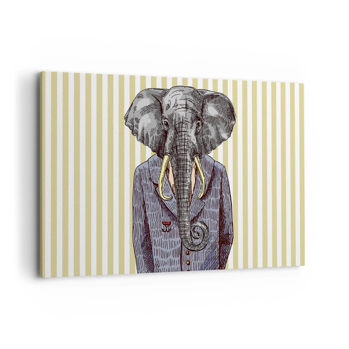 Impression sur toile - Image sur toile - Un éléphant en costume sur fond de rayures beiges - 120x80cm - Élégant par nature - Décoration murale moderne pour le salon et la chambre ARTTOR