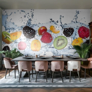 Papier Peint Photo Premium Canvas - Fruits colorés immergés dans des éclaboussures d'eau sur un fond blanc - 100x70cm - Amusez-vous avec nous - Décoration murale moderne pour le salon et la chambre ARTTOR