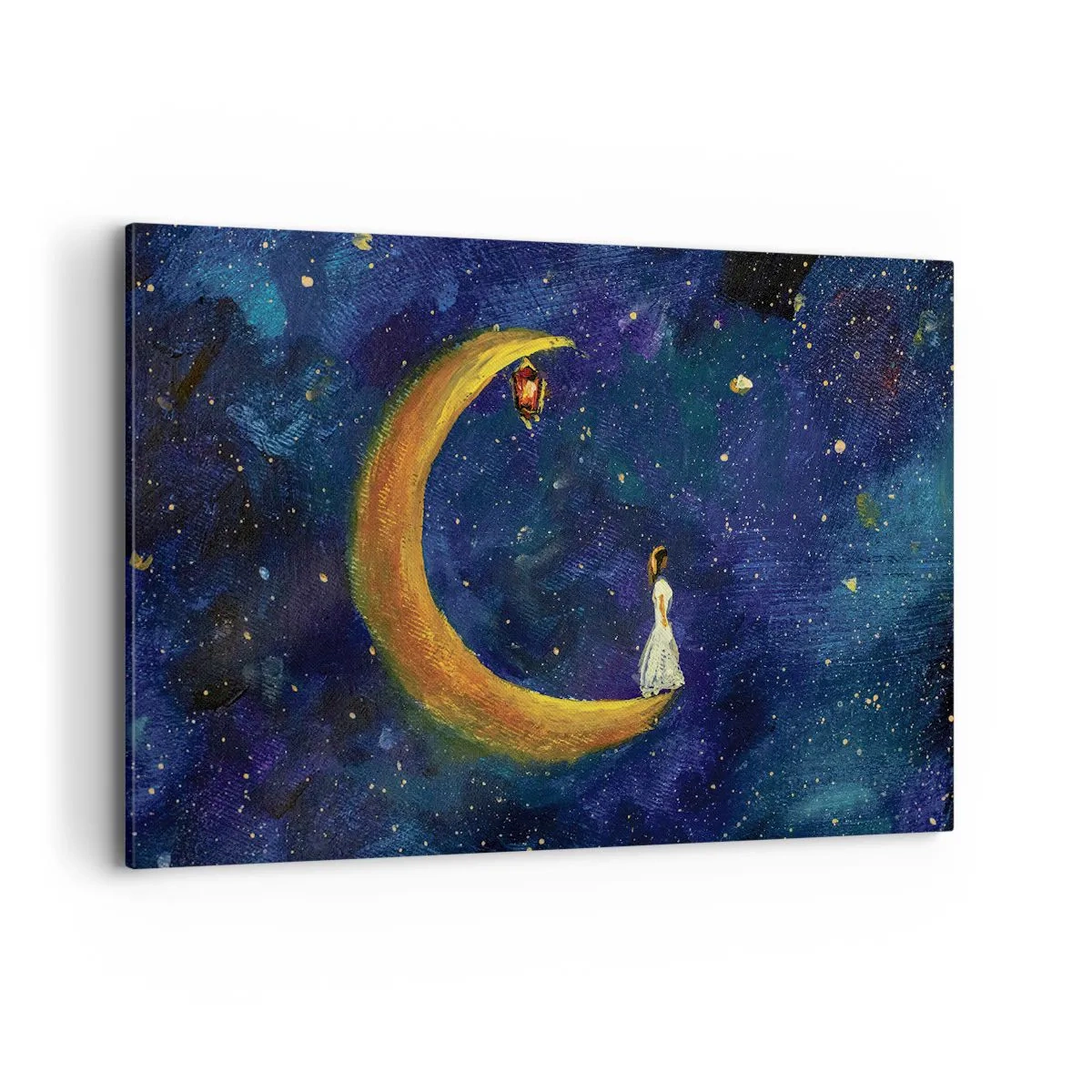 Impression sur toile - Image sur toile - Une fille debout sur la lune dans un ciel étoilé - 120x80cm - Appel du monde - Décoration murale moderne pour le salon et la chambre ARTTOR