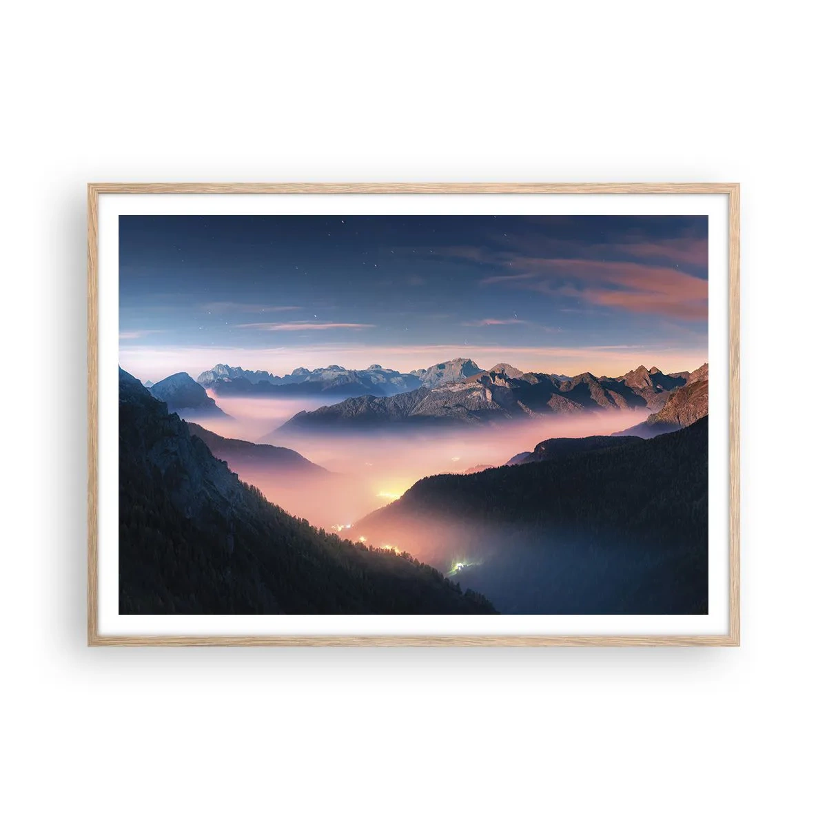 Affiche dans un chêne clair - Poster - Lumière dans les vallées - 100x70 cm