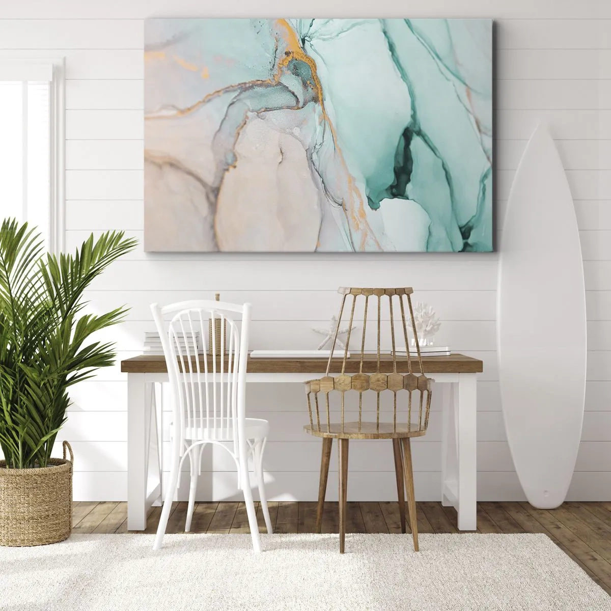 Impression sur toile - Image sur toile - Une composition abstraite dans des tons turquoise et or. - 70x50cm - Danse des formes et des couleurs - Décoration murale moderne pour le salon et la chambre ARTTOR