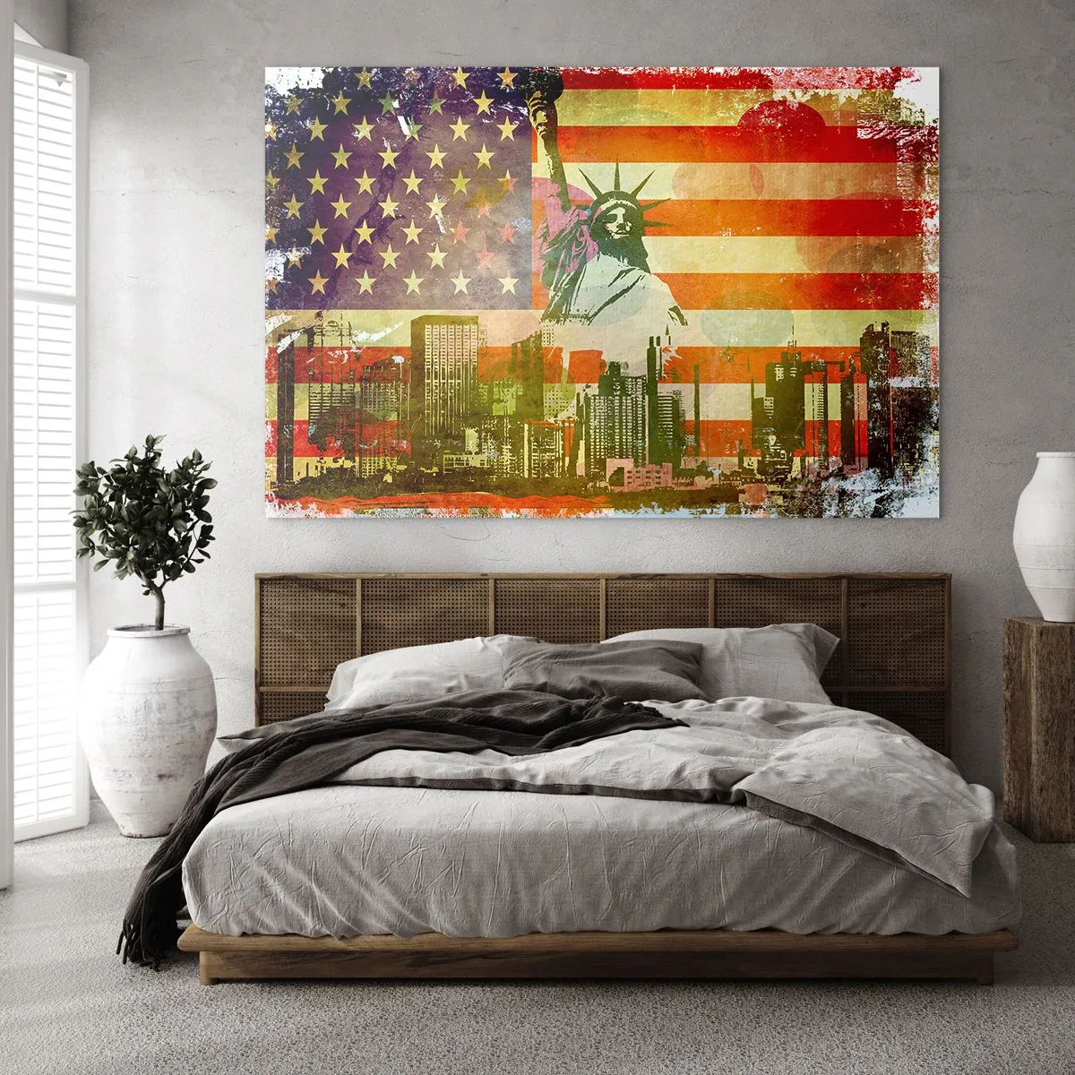 Impression sur verre - Image sur verre - Drapeau américain avec la silhouette de la Statue de la Liberté et le paysage urbain - 70x50cm - Vive l'Amérique! - Décoration murale moderne pour le salon et la chambre ARTTOR