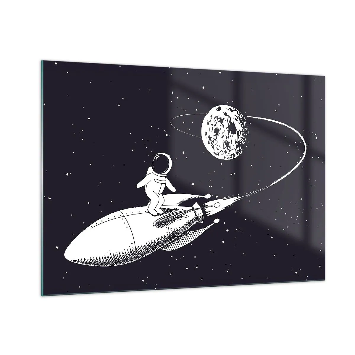 Impression sur verre - Image sur verre - Astronaute de dessin animé surfant dans l'espace sur une fusée - 100x70cm - Surfeur de l'espace - Décoration murale moderne pour le salon et la chambre ARTTOR