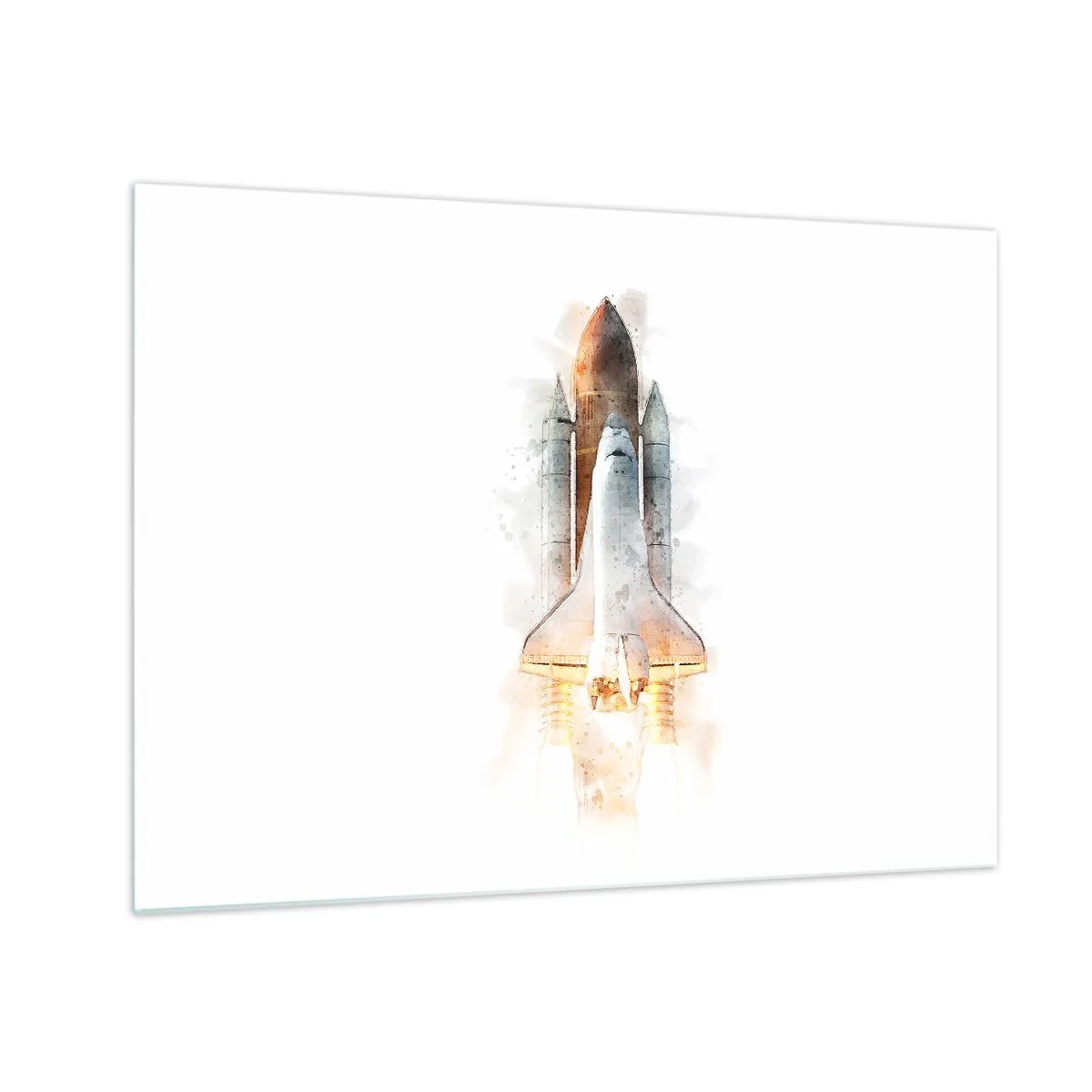 Impression sur verre - Image sur verre - Une navette spatiale décollant dans un style aquarelle sur fond blanc. - 70x50cm - Des explorateurs pour commencer - Décoration murale moderne pour le salon et la chambre ARTTOR