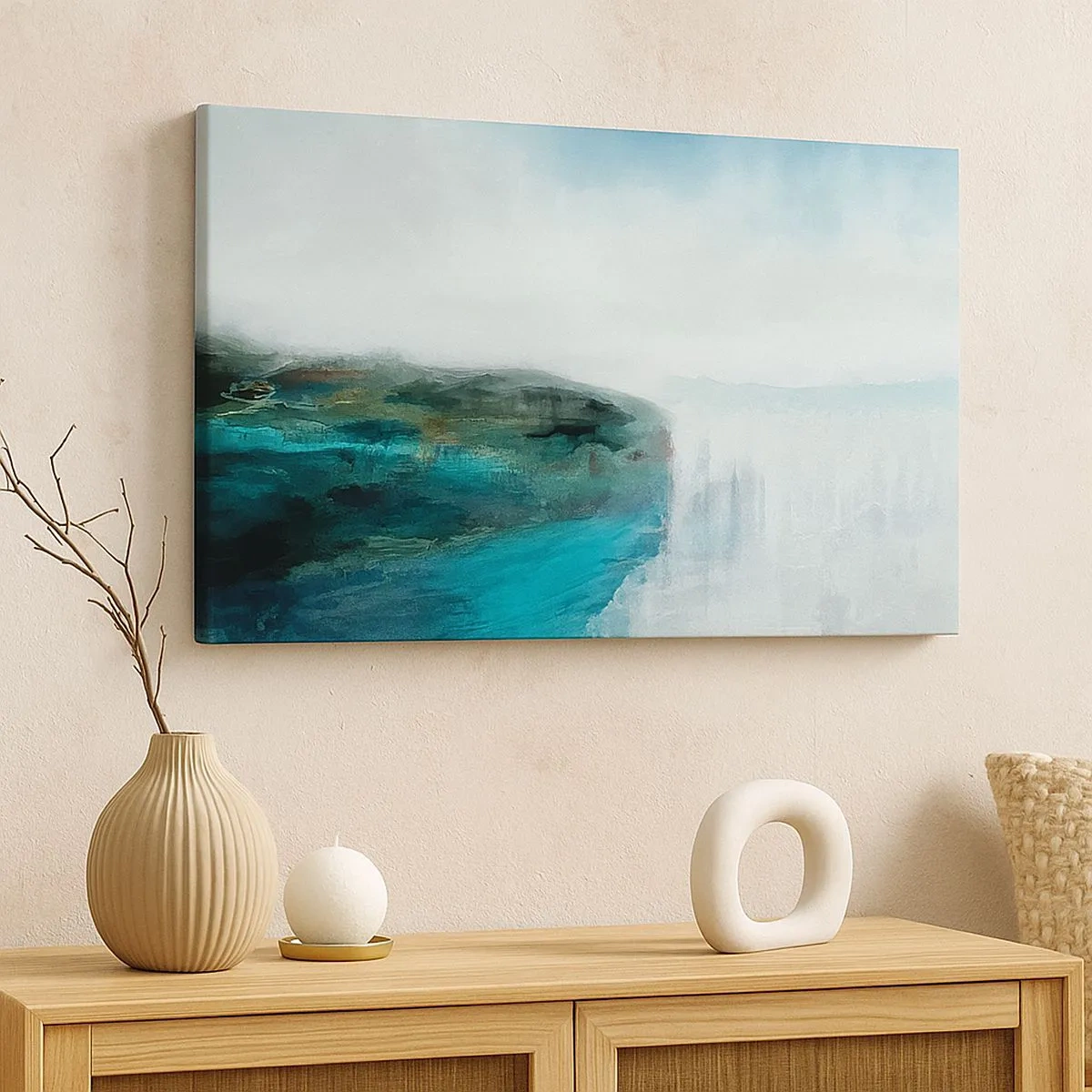 Impression sur toile - Image sur toile - Paysage abstrait dans les tons turquoise et gris - 70x50cm - Abstraction nautique - Décoration murale moderne pour le salon et la chambre ARTTOR