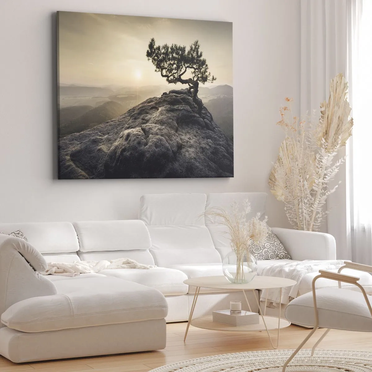 Impression sur toile - Image sur toile - Un arbre solitaire sur un pic rocheux au soleil - 120x80cm - La vie gagne toujours - Décoration murale moderne pour le salon et la chambre ARTTOR