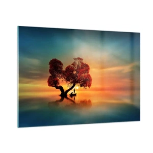 Impression sur verre - Image sur verre - Un arbre aux feuilles rouges sur fond de coucher de soleil - 100x70cm - Plénitude et éloignement sans monde - Décoration murale moderne pour le salon et la chambre ARTTOR