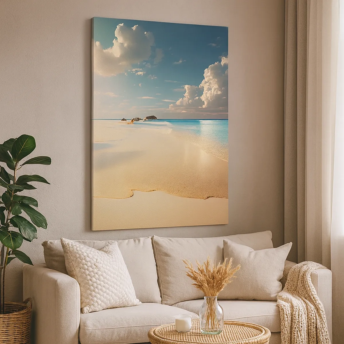 Impression sur toile - Image sur toile - Une plage ensoleillée avec une mer bleue et des rochers - 50x70cm - Une journée de rêve - Décoration murale moderne pour le salon et la chambre ARTTOR