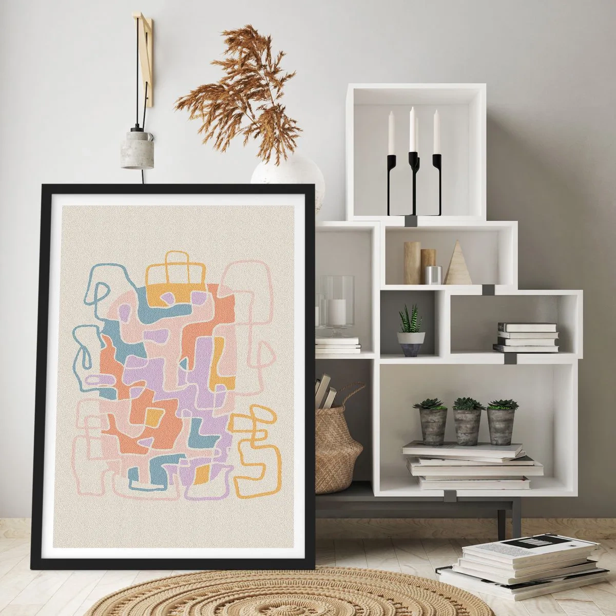 Affiche dans un cadre noir - Poster - Abstraction colorée avec des lignes irrégulières sur un fond clair - 50x70cm - Labyrinthe – une aventure joyeuse - Décoration murale moderne pour le salon et la chambre ARTTOR