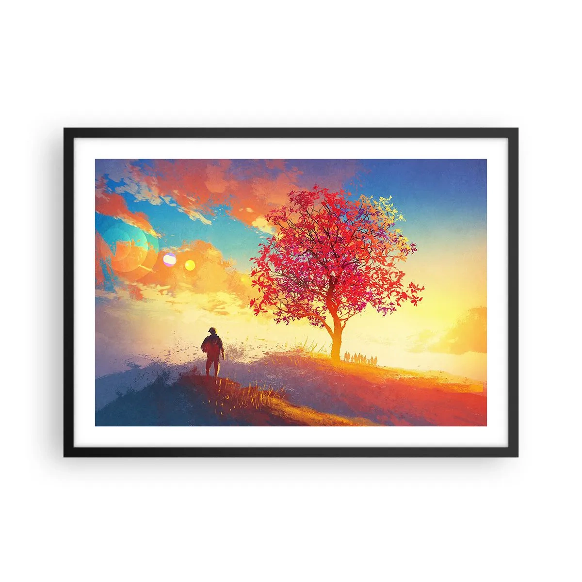 Affiche dans un cadre noir - Poster - Une silhouette sur une colline à côté d'un arbre coloré à la lumière du soleil couchant - 70x50cm - Pèlerin à destination - Décoration murale moderne pour le salon et la chambre ARTTOR