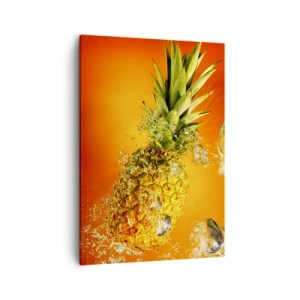 Impression sur toile - Image sur toile - Un ananas immergé dans l'eau sur un fond dégradé orange. - 50x70cm - Fraîcheur juteuse tropicale - Décoration murale moderne pour le salon et la chambre ARTTOR