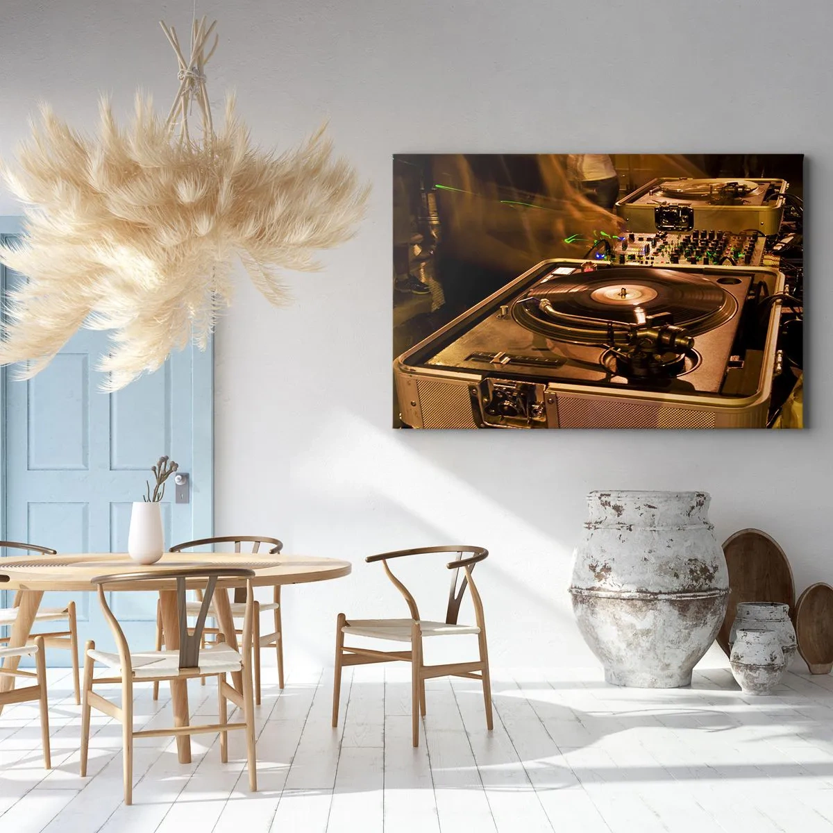 Impression sur toile - Image sur toile - Équipement DJ avec platine et table de mixage lors d'une fête - 120x80cm - Sentez-vous cette force? - Décoration murale moderne pour le salon et la chambre ARTTOR