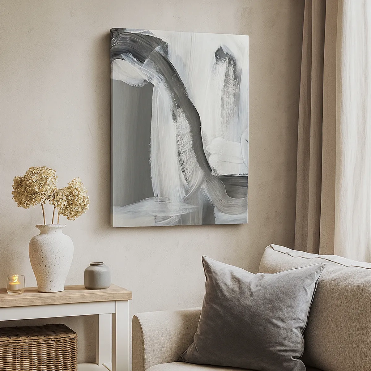 Impression sur toile - Image sur toile - Abstraction grise et blanche avec des lignes dynamiques - 50x70cm - Un geste décisif - Décoration murale moderne pour le salon et la chambre ARTTOR