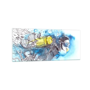 Impression sur verre - Image sur verre - Scène sous-marine avec un plongeur et des poissons exotiques - 120x50cm - Le grand bleu - Décoration murale moderne pour le salon et la chambre ARTTOR