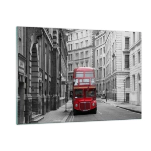 Impression sur verre - Image sur verre - Un bus rouge parmi les rues monochromes de la ville - 120x80cm - La vie de tous les jours ne doit pas être grise - Décoration murale moderne pour le salon et la chambre ARTTOR