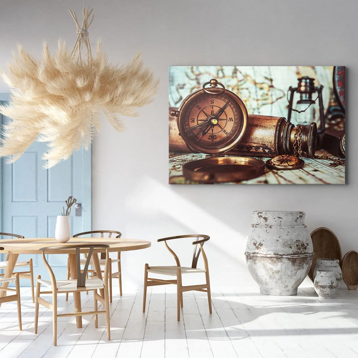 Impression sur toile - Image sur toile - Un ensemble rétro avec une boussole, un télescope et une carte sur le thème du voyage - 70x50cm - Une aventure de pirates dans les Caraïbes vous attend - Décoration murale moderne pour le salon et la chambre ARTTOR