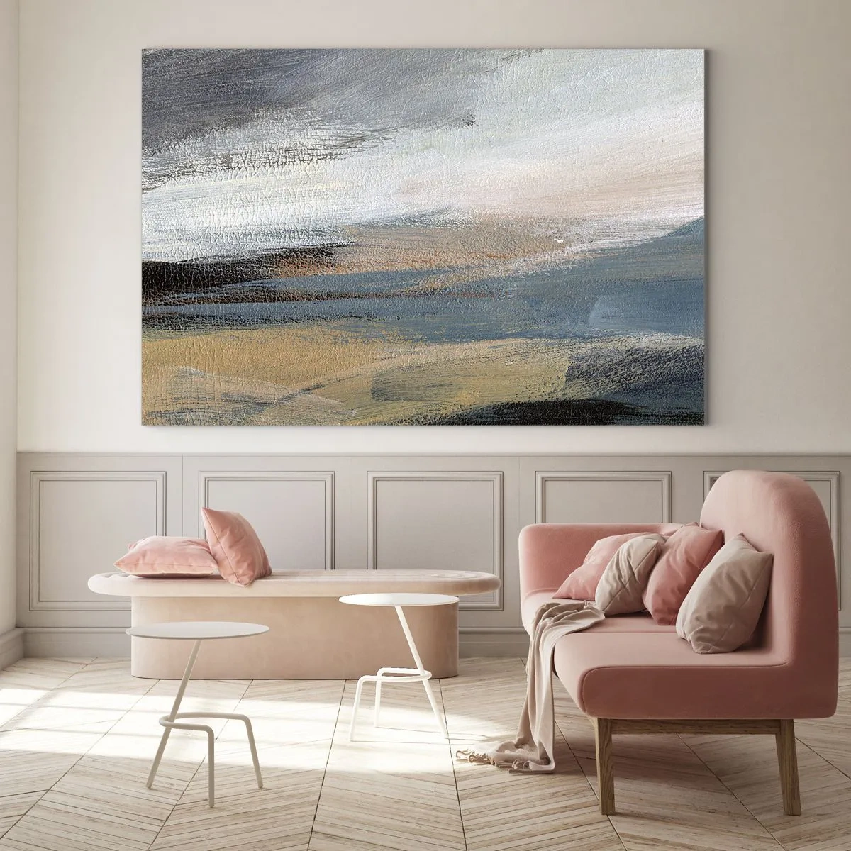 Impression sur verre - Image sur verre - Un paysage abstrait aux couleurs froides et terreuses. - 100x70cm - Abstraction : paysage nordique - Décoration murale moderne pour le salon et la chambre ARTTOR