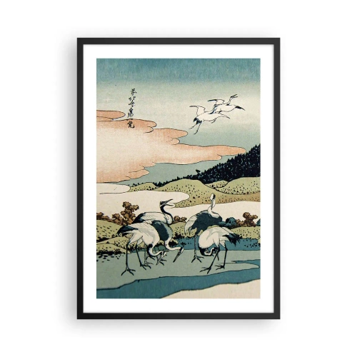 Affiche dans un cadre noir - Poster - Œuvre d'art traditionnelle japonaise représentant des grues dans un paysage naturel - 50x70cm - Avec une âme japonnaise - Décoration murale moderne pour le salon et la chambre ARTTOR