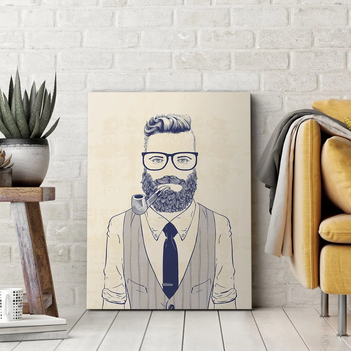 Impression sur toile - Image sur toile - Homme stylisé avec une barbe, une pipe et des lunettes - 70x100cm - Gai, masculin et à la mode - Décoration murale moderne pour le salon et la chambre ARTTOR