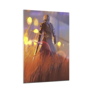 Impression sur verre - Image sur verre - Une silhouette en armure parmi l'herbe orange avec un fond lumineux. - 50x70cm - Chevalier errant - Décoration murale moderne pour le salon et la chambre ARTTOR