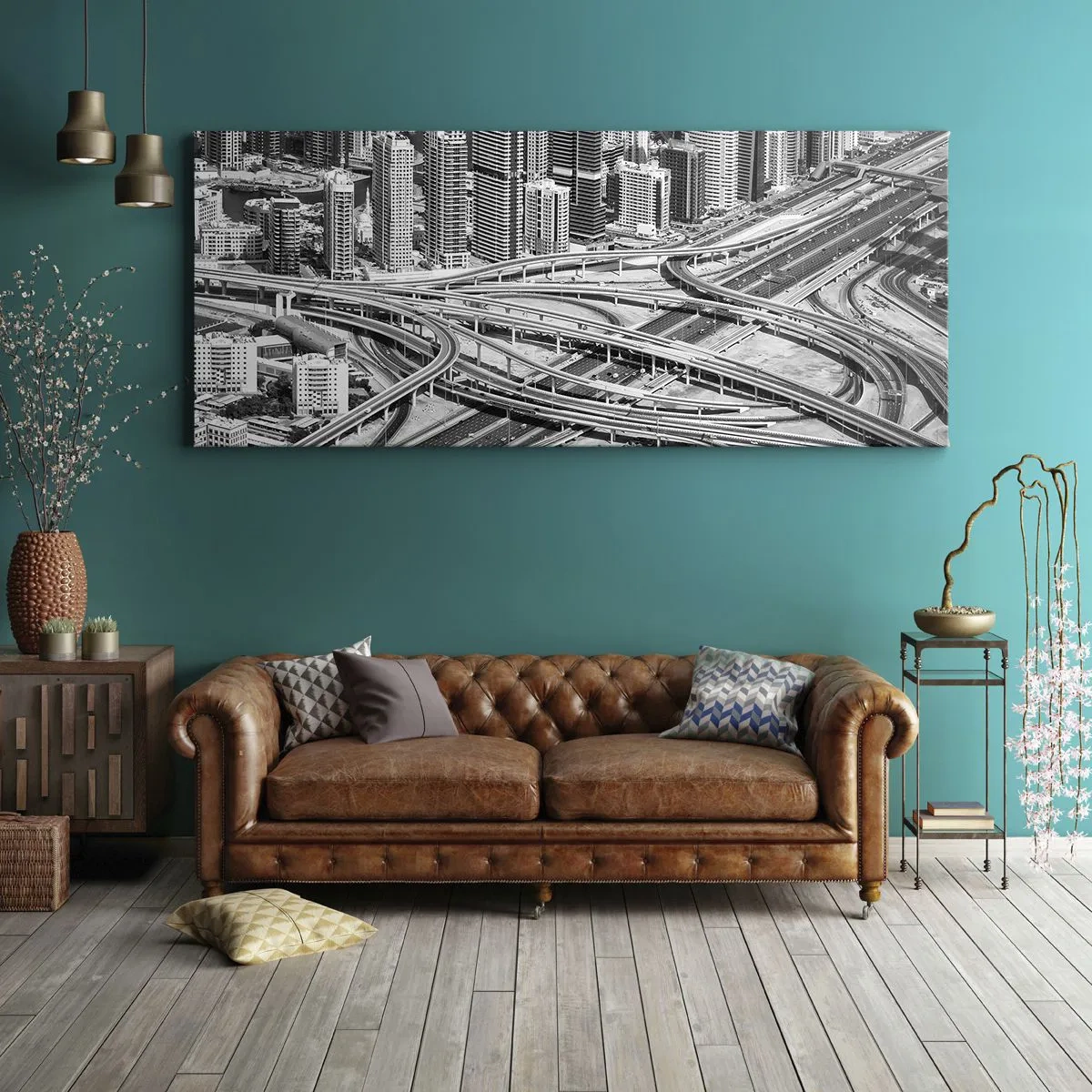 Impression sur toile - Image sur toile - Une vue plongeante sur Dubaï - 160x50cm - Dubaï - la ville impossible - Décoration murale moderne pour le salon et la chambre ARTTOR