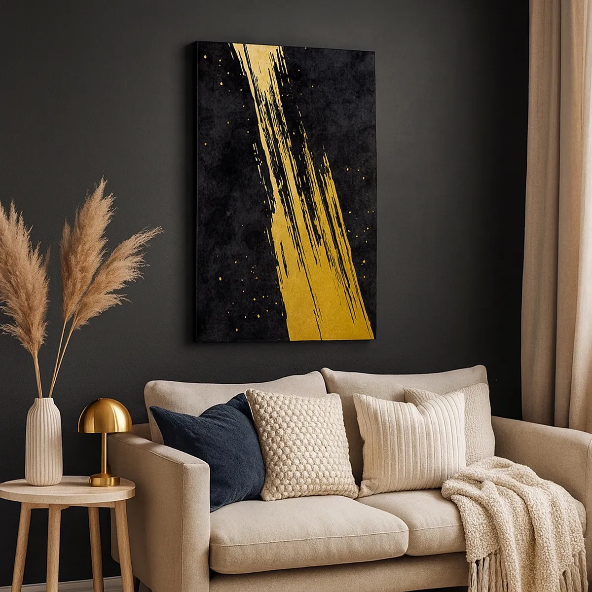 Impression sur toile - Image sur toile - Fond noir avec des coups de pinceau dorés dynamiques - 50x70cm - Sautez dans l'hyperespace - Décoration murale moderne pour le salon et la chambre ARTTOR