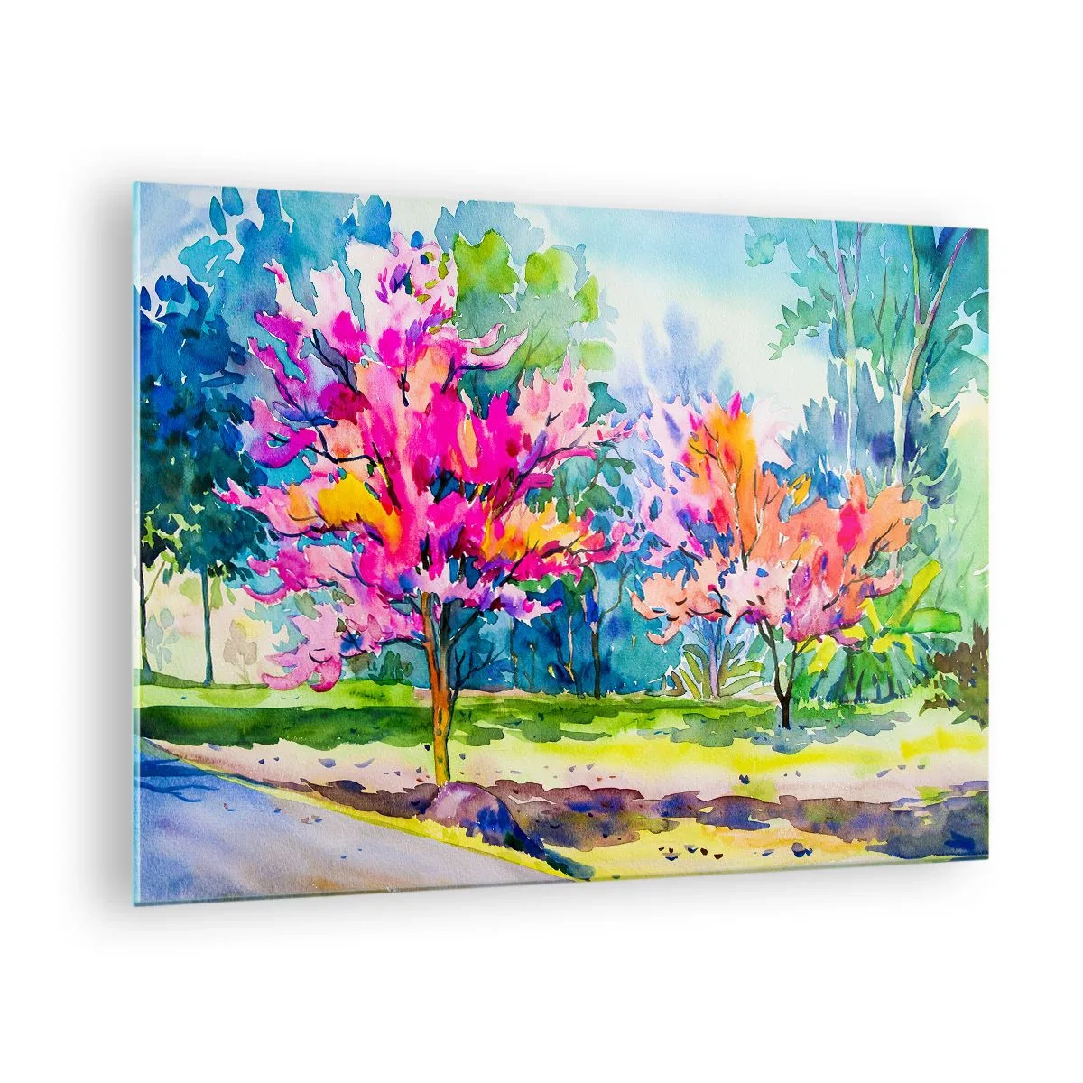 Impression sur verre - Image sur verre - Arbres colorés dans le parc peints avec la technique de l'aquarelle - 70x50cm - Jardin arc-en-ciel à la lumière du printemps - Décoration murale moderne pour le salon et la chambre ARTTOR