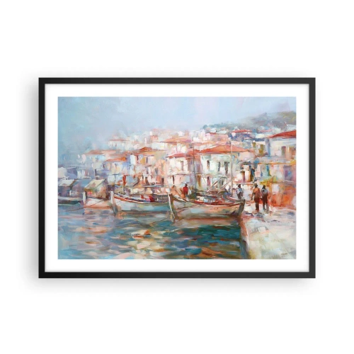 Affiche dans un cadre noir - Poster - Impression de port avec bateaux et bâtiments - 70x50cm - Vacances pastelles - Décoration murale moderne pour le salon et la chambre ARTTOR