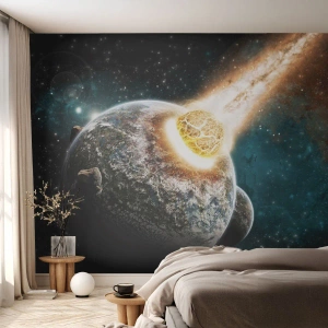 Papier Peint Photo Premium Sand - Collision d'une météorite avec une planète dans l'espace - 100x70cm - Destruction ou naissance? - Décoration murale moderne pour le salon et la chambre ARTTOR