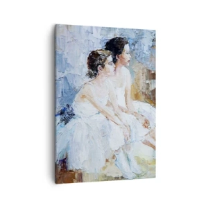Impression sur toile - Image sur toile - Deux ballerines en tenue blanche se détendent sur un fond pastel. - 50x70cm - Reste de jeunes cygnes - Décoration murale moderne pour le salon et la chambre ARTTOR