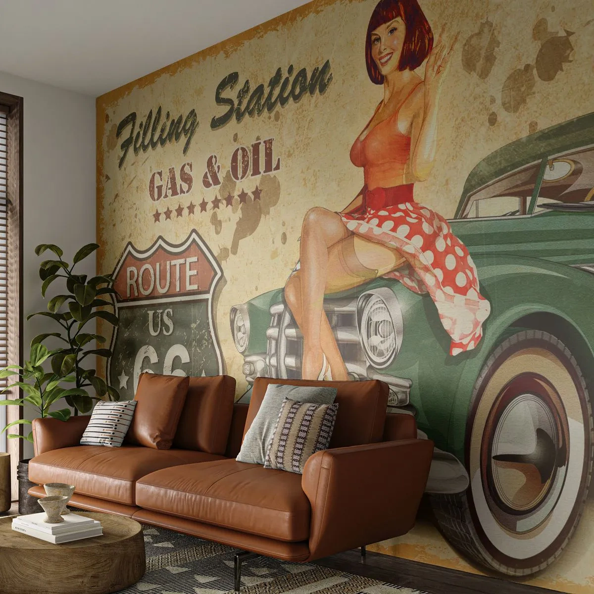 Papier Peint Autocollant Deluxe Sticker - Les superbes années 40. - Route 66, Voiture, Automobile - 250x175 cm