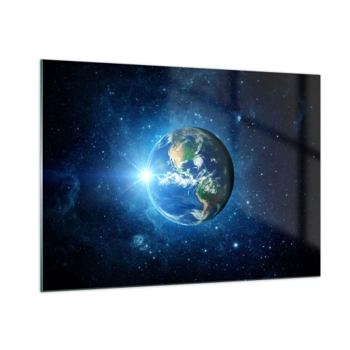 Impression sur verre - Image sur verre - La Terre vue de l'espace avec des rayons de lumière - 100x70cm - Nous sommes au paradis - Décoration murale moderne pour le salon et la chambre ARTTOR