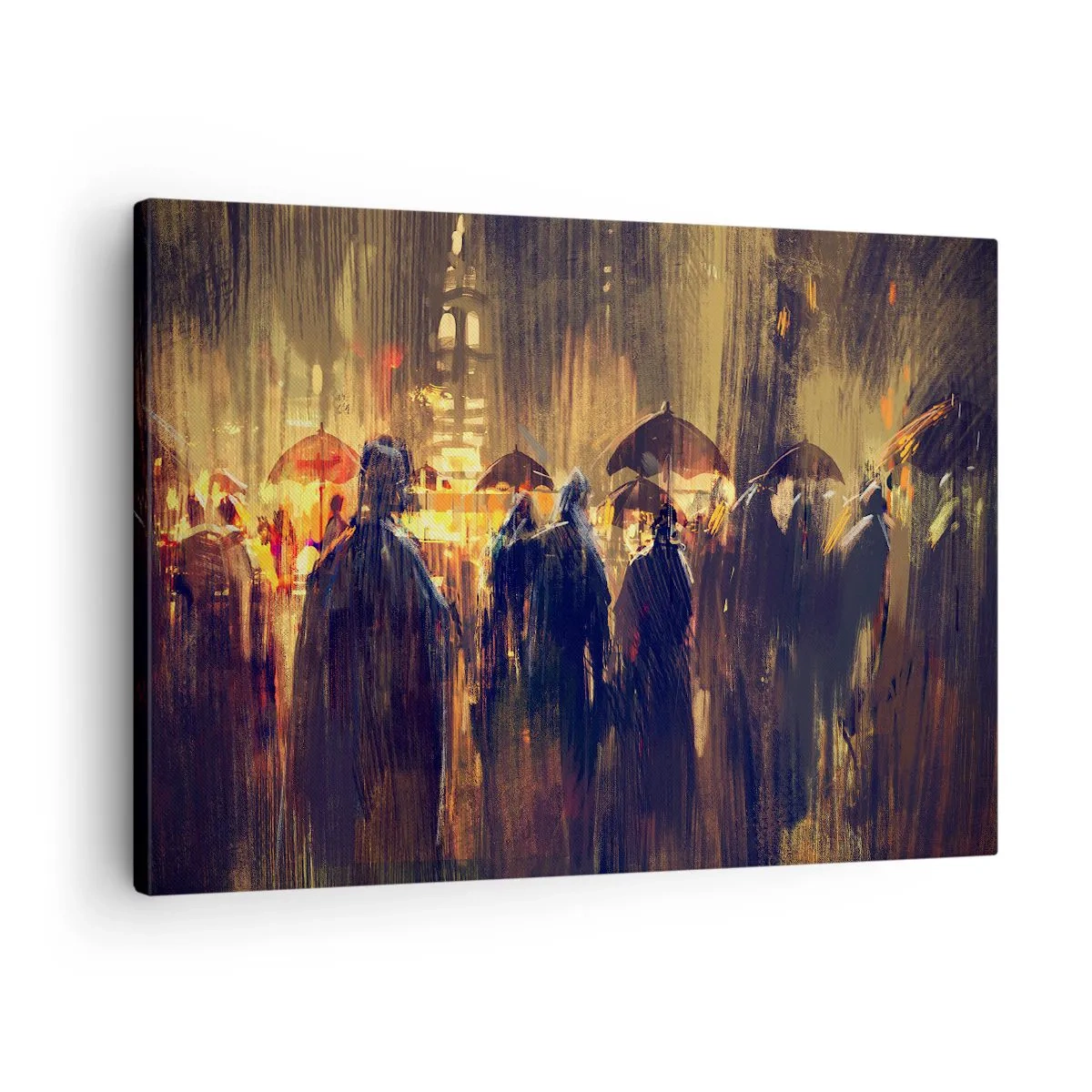 Impression sur toile - Image sur toile - Personnages avec des parapluies dans une ville pluvieuse la nuit - 70x50cm - Adeptes de la pluie - Décoration murale moderne pour le salon et la chambre ARTTOR