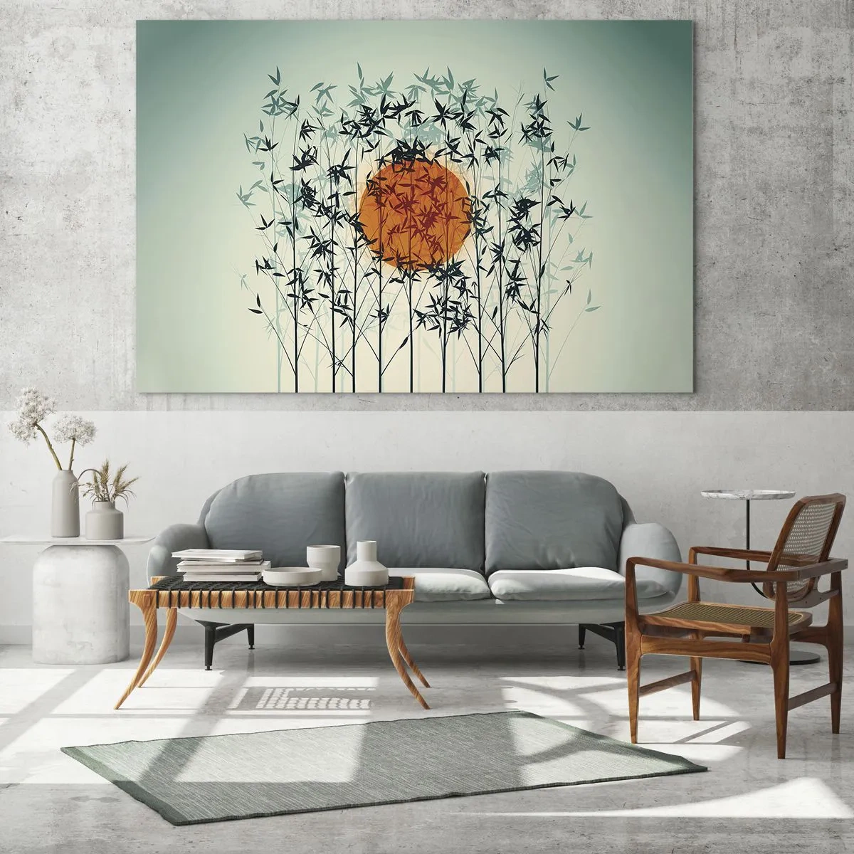 Impression sur verre - Image sur verre - Soleil rouge parmi les délicates feuilles de bambou - 70x50cm - Soleil japonnais - Décoration murale moderne pour le salon et la chambre ARTTOR