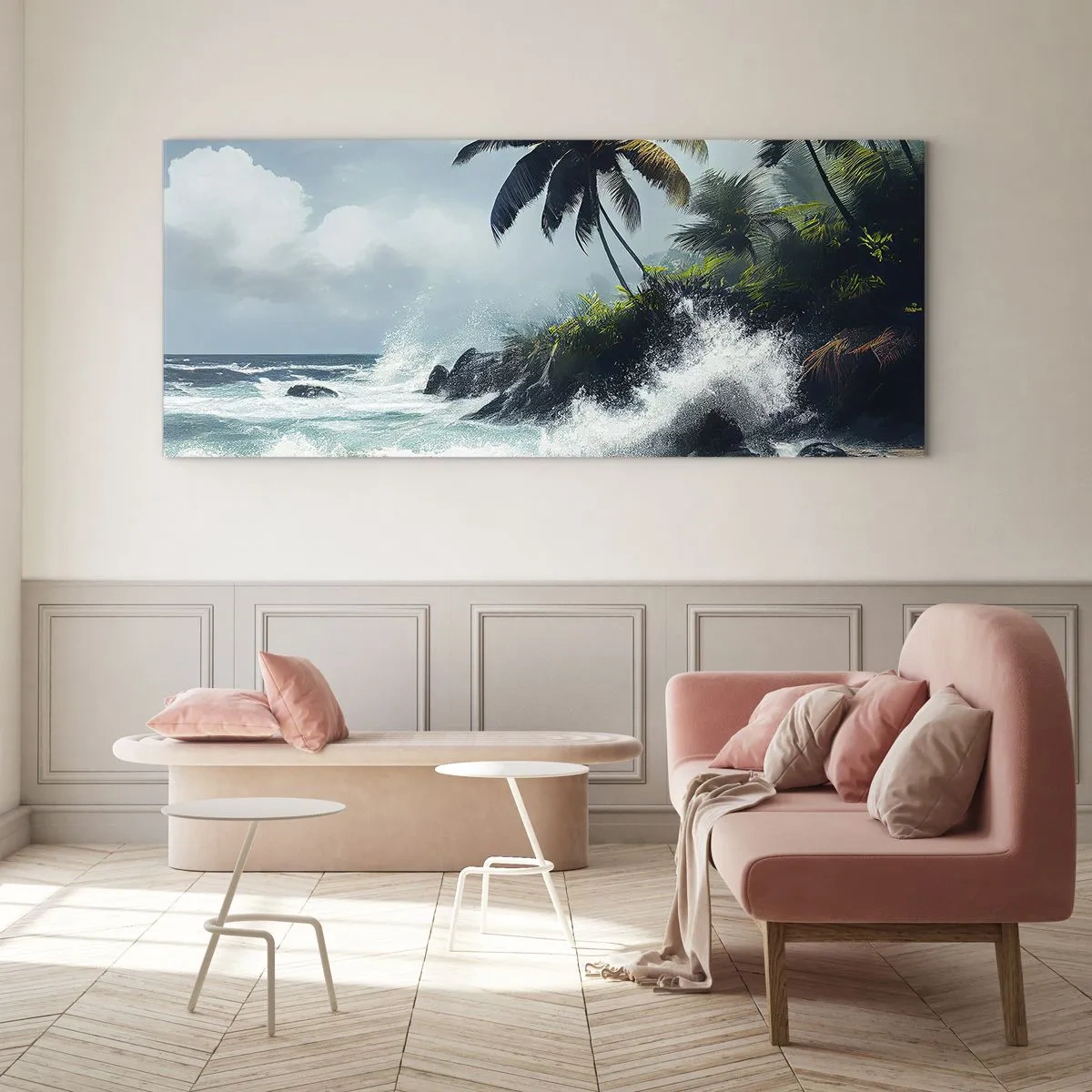 Impression sur verre - Image sur verre - Rivage tropical avec palmiers et mer agitée - 120x50cm - Sur une côte tropicale - Décoration murale moderne pour le salon et la chambre ARTTOR