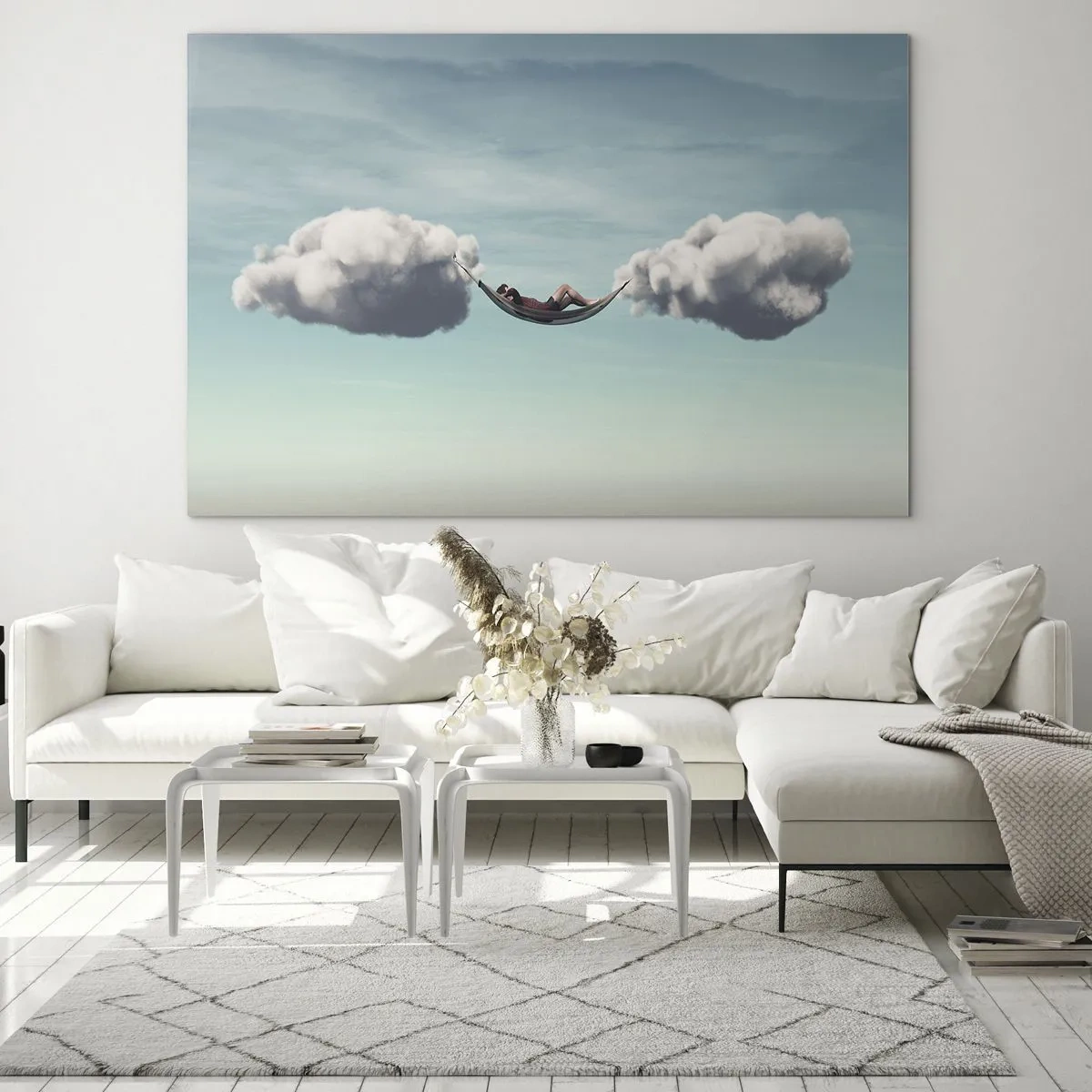 Impression sur verre - Image sur verre - Hamacs nuageux dans un ciel bleu - 70x50cm - Instant de bonheur - Décoration murale moderne pour le salon et la chambre ARTTOR