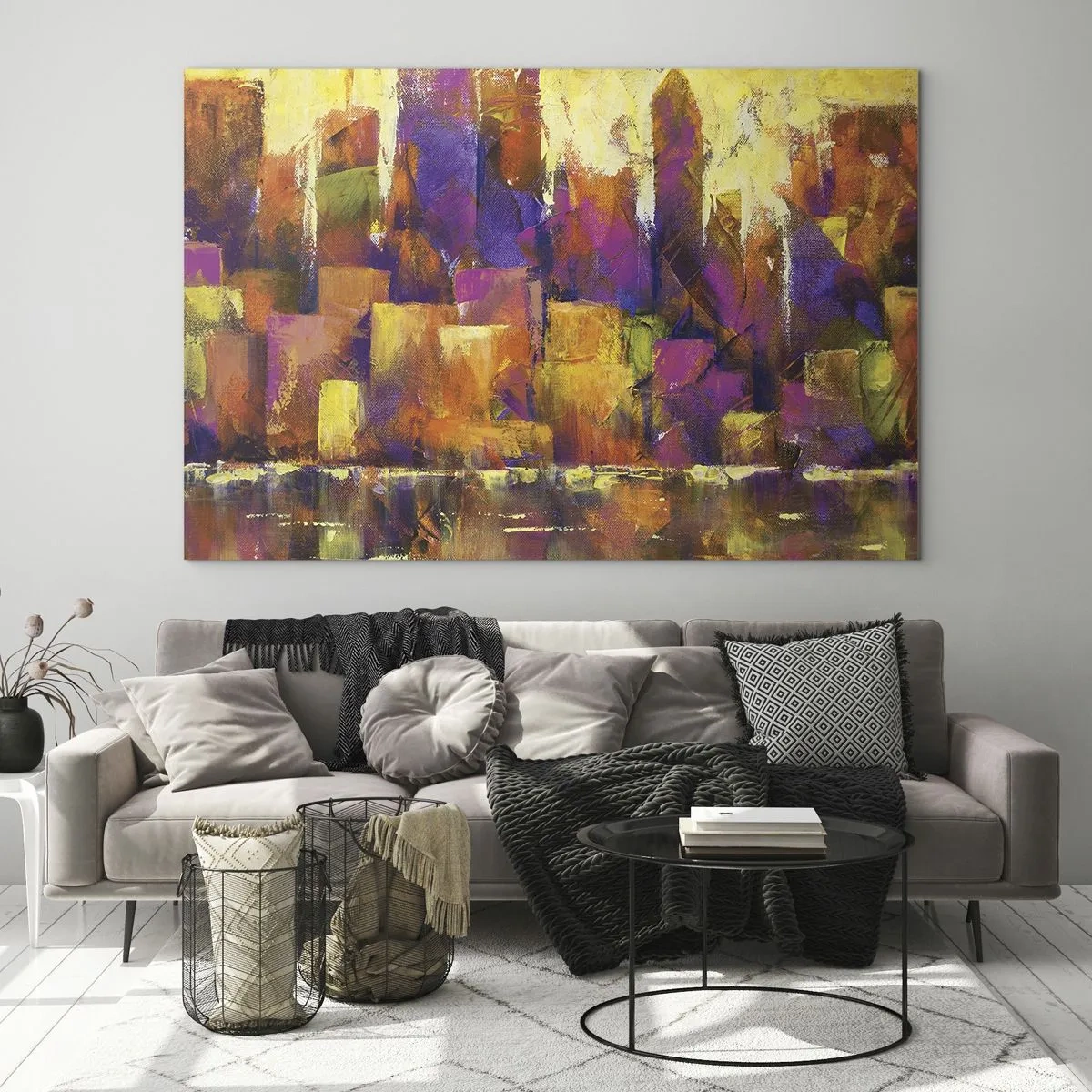 Impression sur verre - Image sur verre - Une métropole abstraite aux couleurs chaudes avec des accents de violet. - 120x80cm - Composition métropolitaine - Décoration murale moderne pour le salon et la chambre ARTTOR