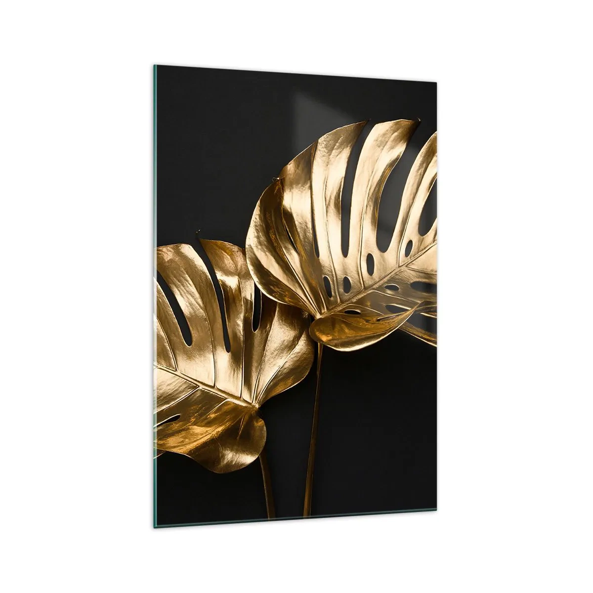 Impression sur verre - Image sur verre - Feuilles de monstera dorées sur fond noir - 70x100cm - Les trésors de la nature - Décoration murale moderne pour le salon et la chambre ARTTOR