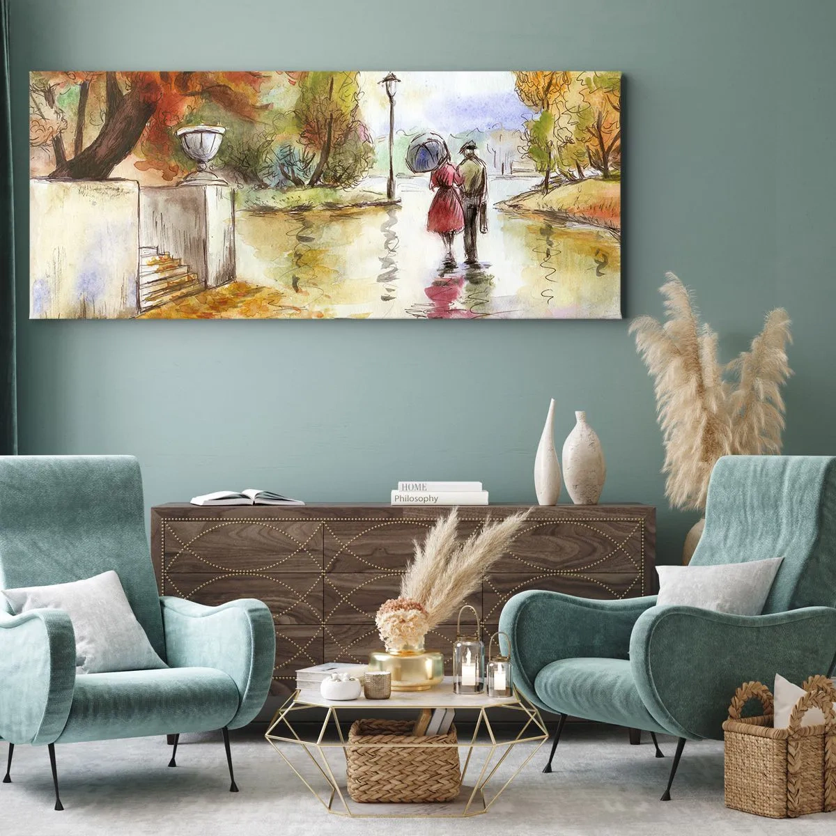 Impression sur toile - Image sur toile - Une promenade dans le parc d'automne avec un parapluie - 140x50cm - Automne romantique dans le parc - Décoration murale moderne pour le salon et la chambre ARTTOR