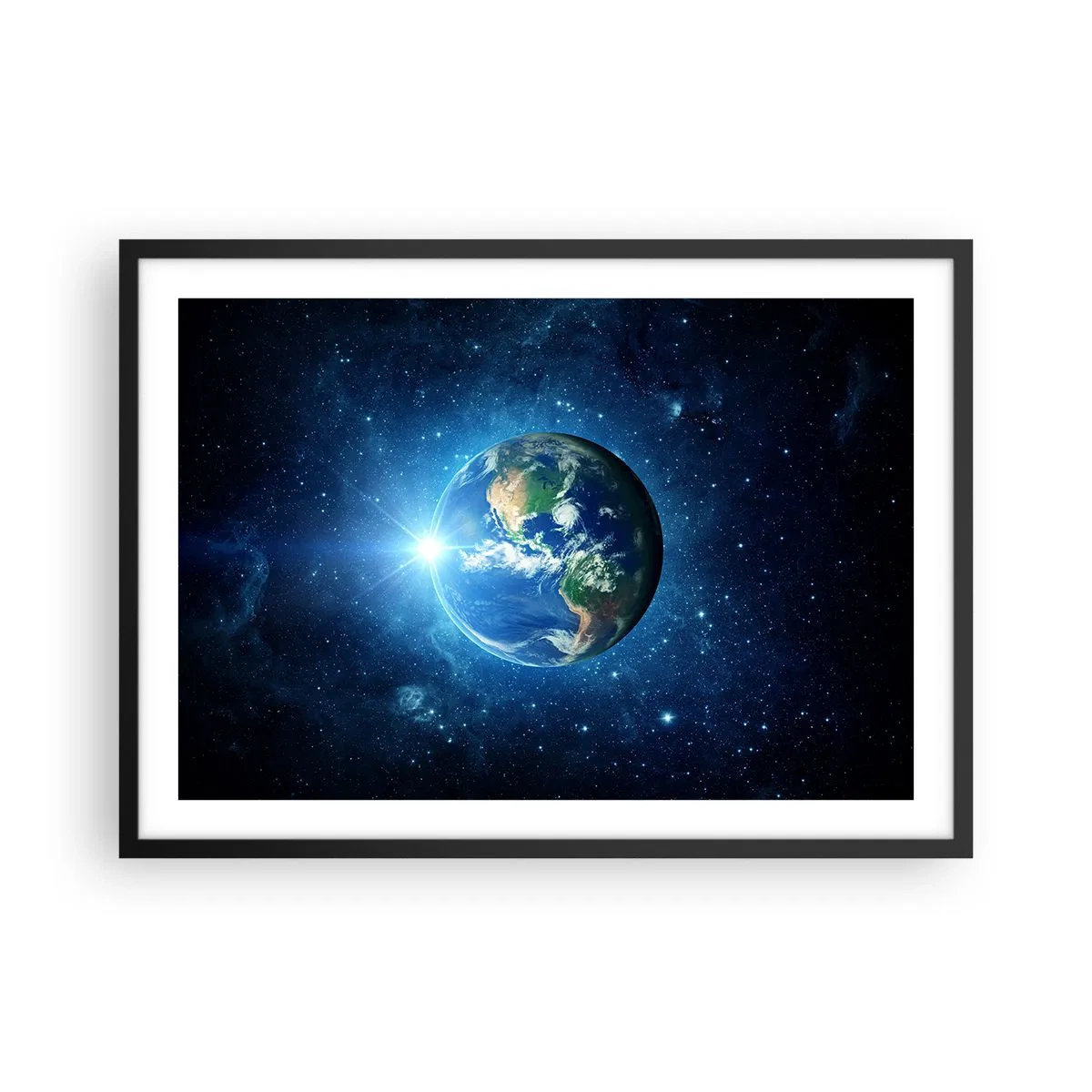Affiche dans un cadre noir - Poster - La Terre dans l'espace entourée d'étoiles et de lumière - 70x50cm - Nous sommes au paradis - Décoration murale moderne pour le salon et la chambre ARTTOR