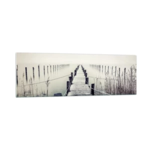 Impression sur verre - Image sur verre - Un pont en bois menant à un espace brumeux - 160x50cm - Plongez dans la paix - Décoration murale moderne pour le salon et la chambre ARTTOR