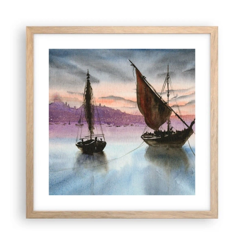 Affiche dans un chêne clair - Poster - Soirée au port - 40x40 cm